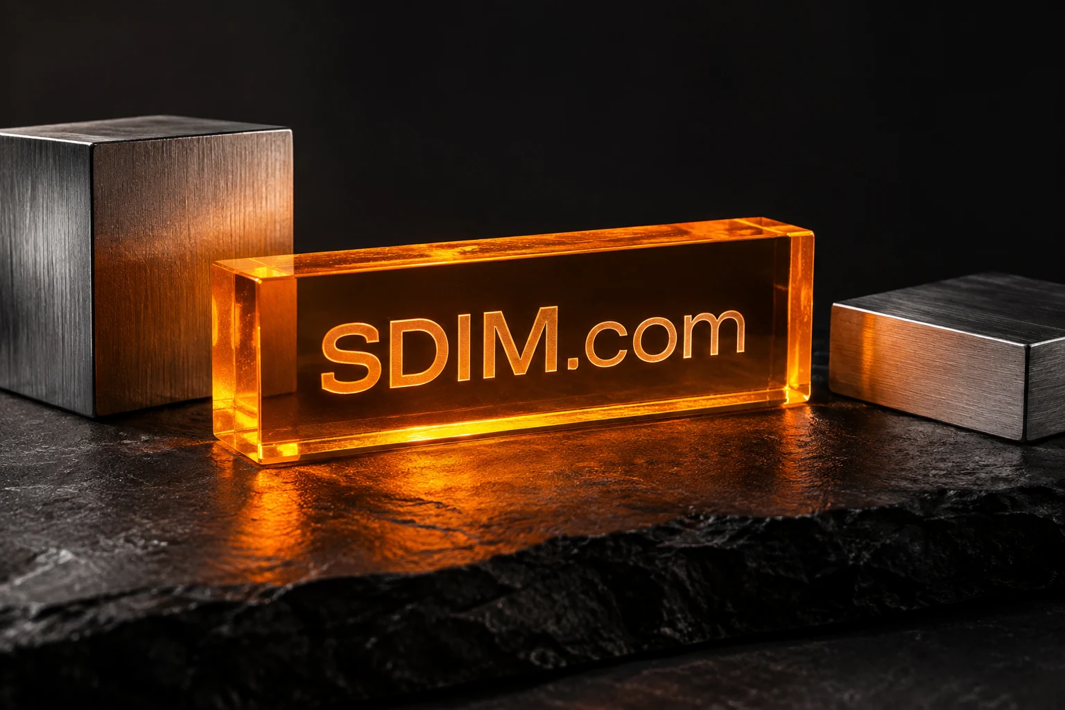 SDIM.com engraved in orange acrylic beside machined metal